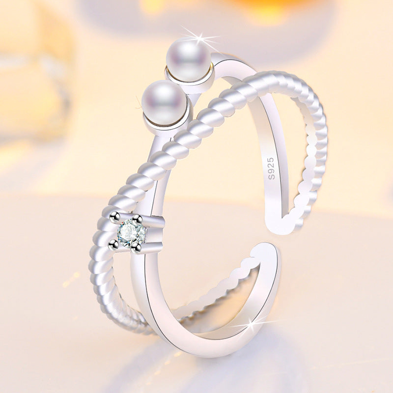 Damen Offener Ring mit doppeltem Perlen-Design und funkelndem Zirkonia Shop Nory