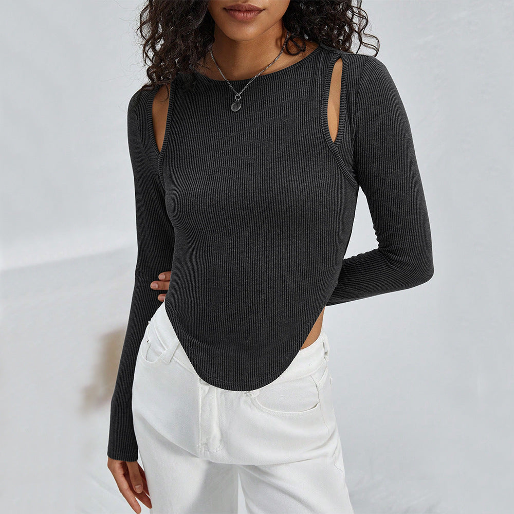 Damen geripptes Langarmshirt mit Cut-Out-Schultern und asymmetrischem Saum Shop Nory
