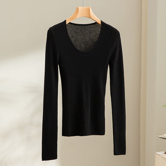 Damen Feinstrick-Langarmshirt mit tiefem U-Boot-Ausschnitt und feiner Rippstruktur Shop Nory
