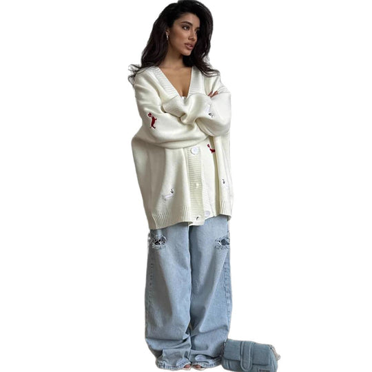 Damen Oversized Strickcardigan mit gestickten Dackelmotiven Shop Nory