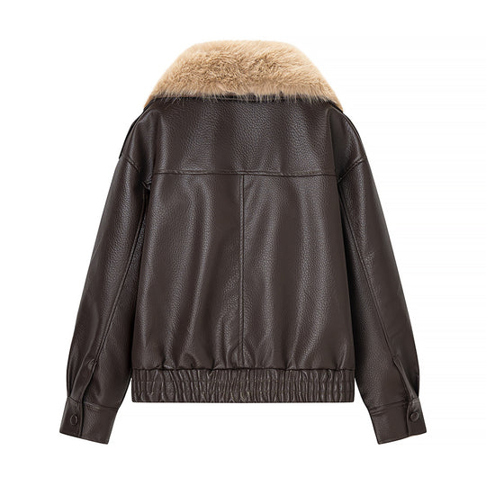 Damen Kurzjacke im Aviatorstil aus Lederoptik mit extragroßem Kunstfellkragen und metallischem Reißverschluss Shop Nory