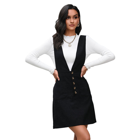 Damen A-Linien Latzkleid mit tiefem V-Ausschnitt, Knopfleiste und aufgesetzten Taschen Shop Nory