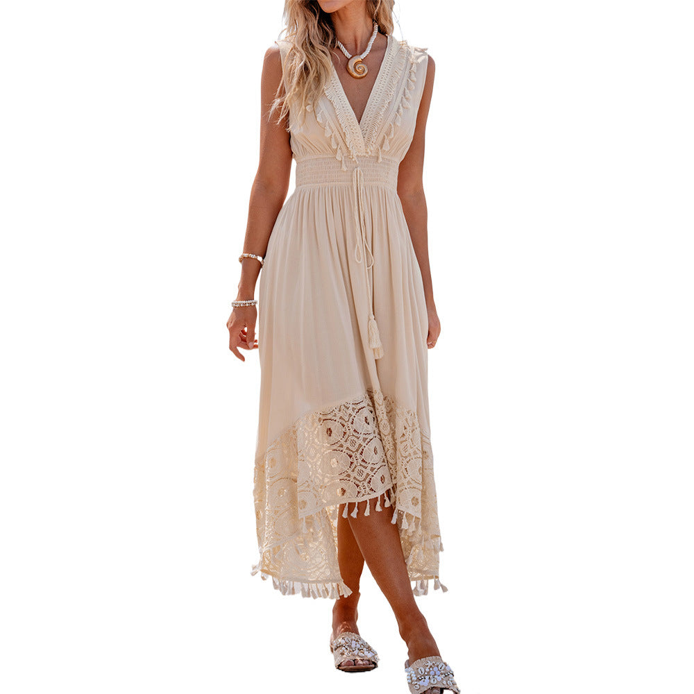 Damen Bohemian Maxikleid mit Spitzen- und Rüschendetails Shopnory