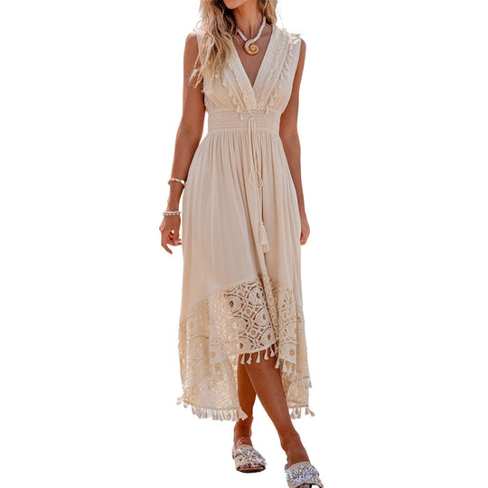 Damen Bohemian Maxikleid mit Spitzen- und Rüschendetails Shopnory