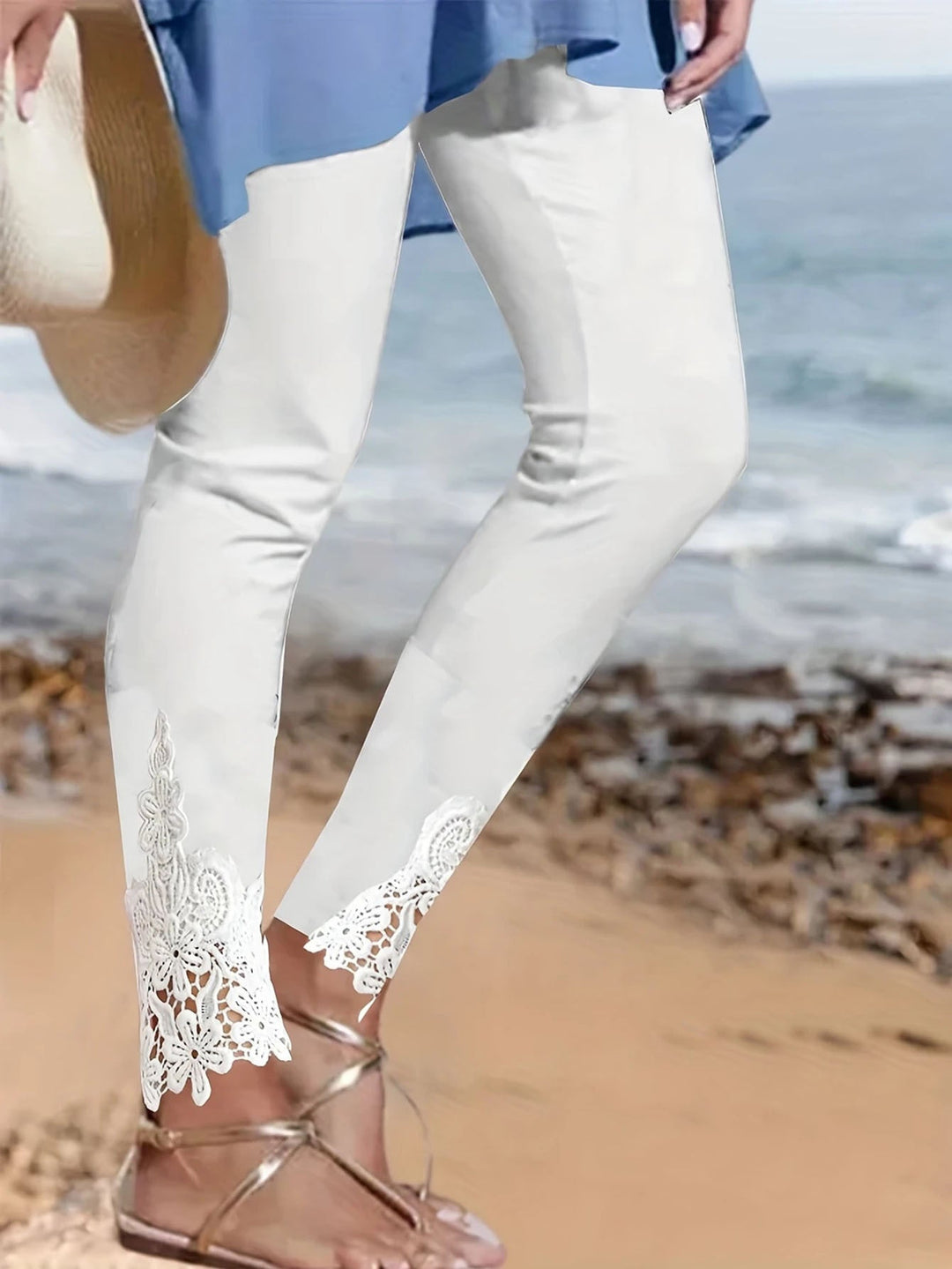 Damen Leggings mit spitzenbesetztem Saum und elastischem Bund