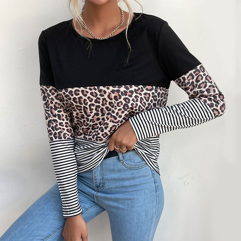 Damen Colorblock-Langarmtop mit Leoparden- und Streifenmix Shop Nory