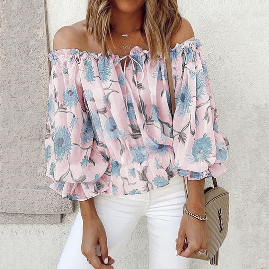 Damen Off-Shoulder Bluse mit floralen Mustern und Rüschendetails