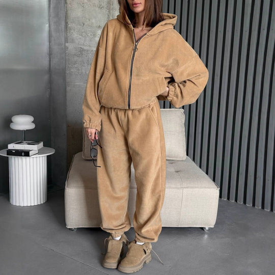 Damen Plüsch-Loungewear-Set mit Reißverschluss-Kapuzenjacke und taillenhoher Jogginghose Shop Nory