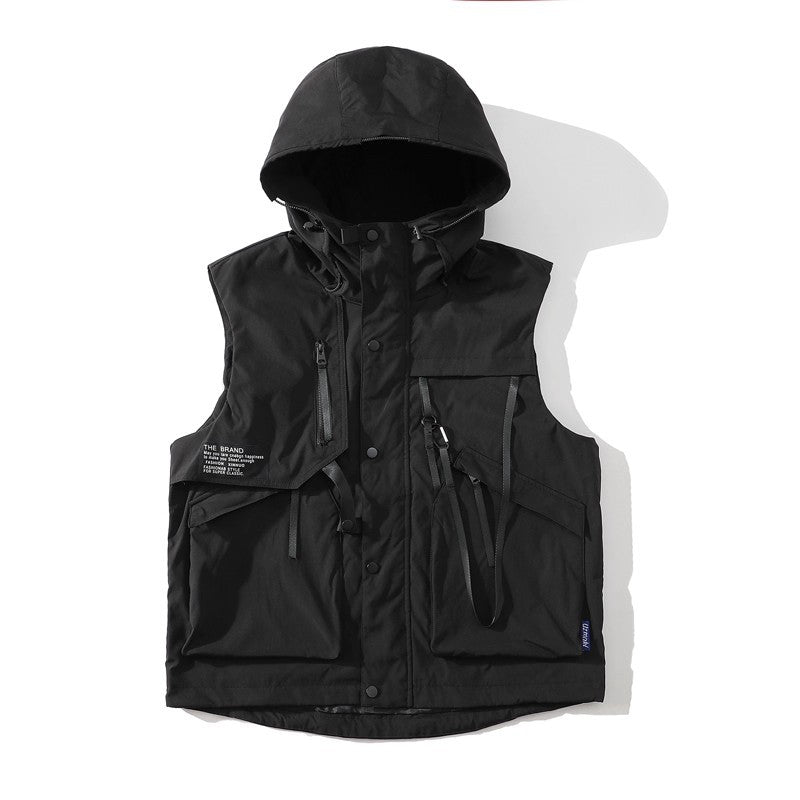Herren funktionale Outdoor-Weste mit verstellbarem Kapuzendesign und vielseitigen Taschen Shopnory