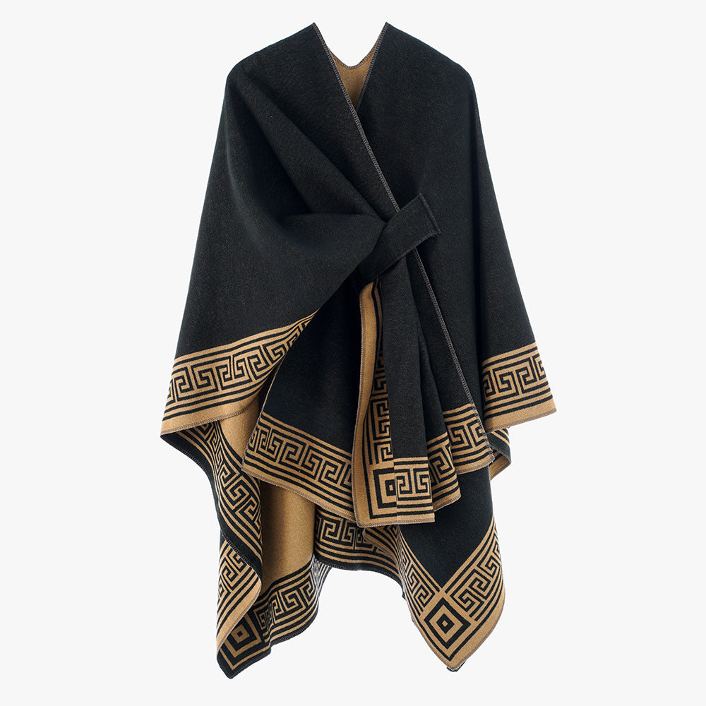 Damen Wendbarer Poncho aus Kaschmir‑Mischung mit grafischem Bordürenprint und Taillengürtel Shop Nory