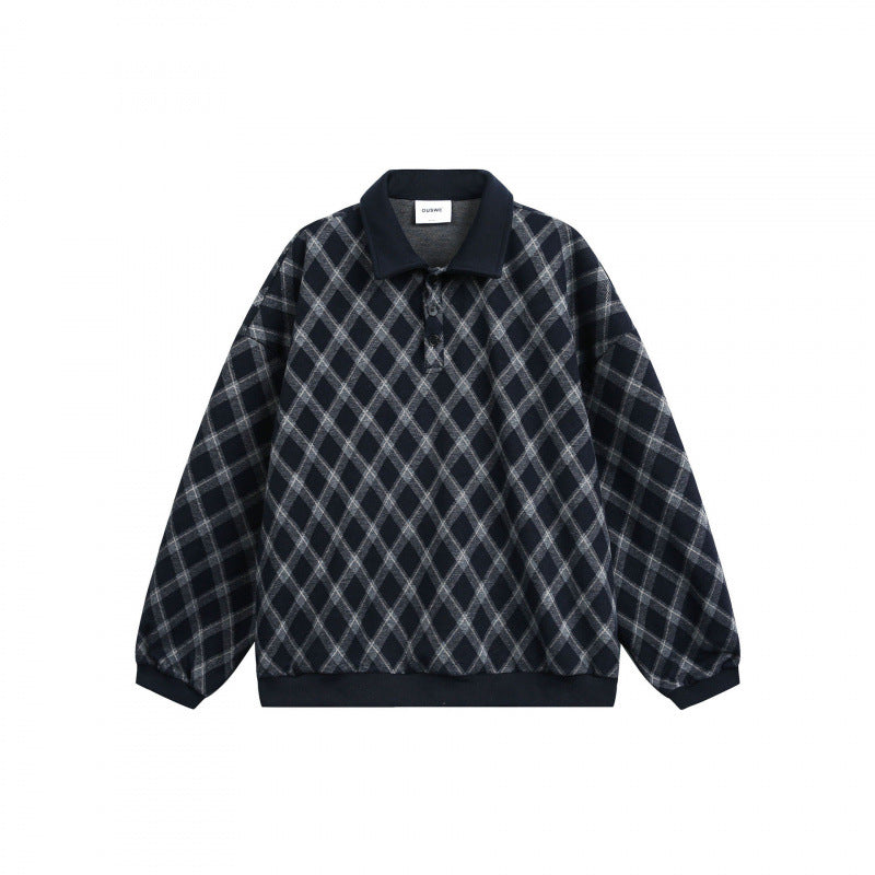 Unisex Oversize Polo-Halbzip-Pullover mit Argyle-Struktur Shop Nory