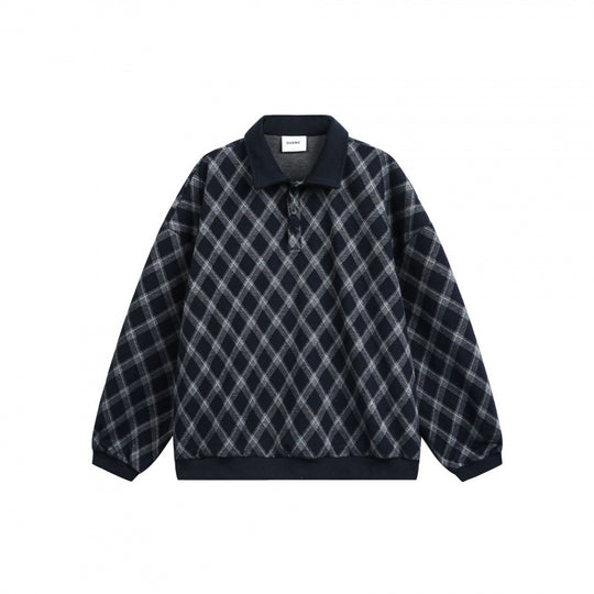 Unisex Oversize Polo-Halbzip-Pullover mit Argyle-Struktur Shop Nory
