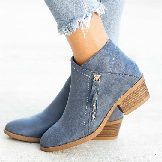 Damen nan elegante knöchelhohe Wildlederoptik-Stiefelette mit schlanker Rundspitze, seitlichem Metallreißverschluss und gestapeltem Blockabsatz Shop Nory