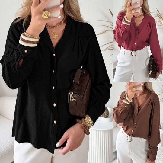 Damen Bluse mit V‑Ausschnitt, geraffter Schulterpasse und Ballonärmeln Shop Nory