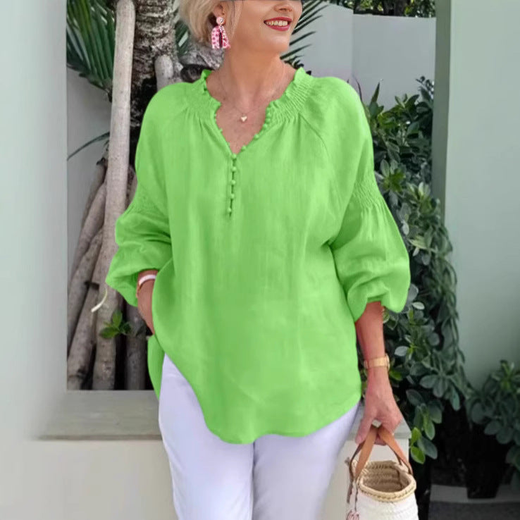 Damen Leichte Bluse mit elastischen Puffärmeln und Knopfleiste