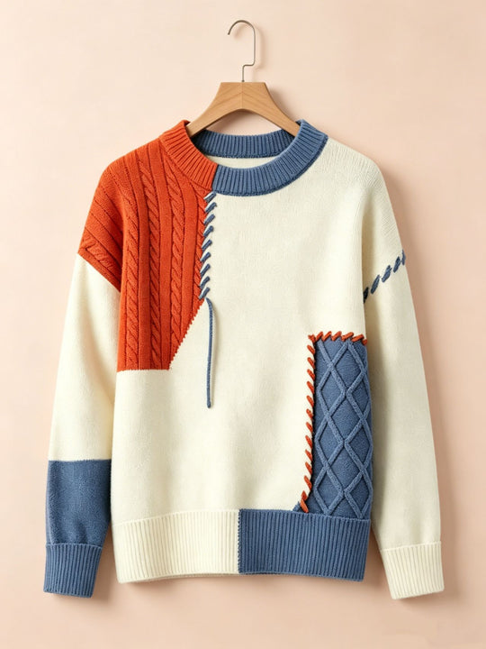 Damen Oversize Strickpullover im Patchwork‑Design mit Zopfmuster‑Einsätzen Shop Nory