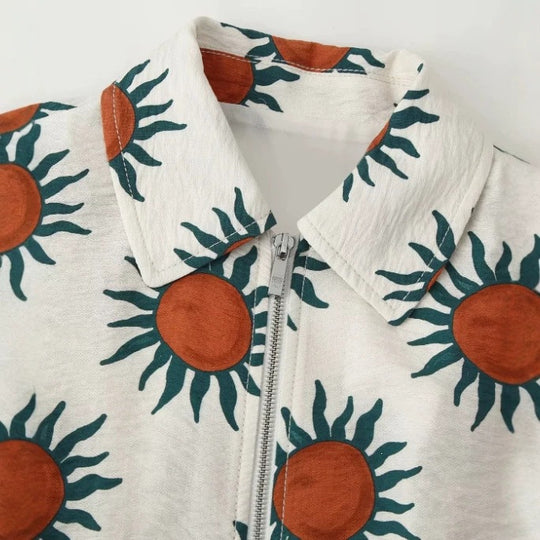 Damen Bedruckte Bomberjacke mit Reißverschluss, Hemdkragen und Taillen-Tunnelzug Shop Nory