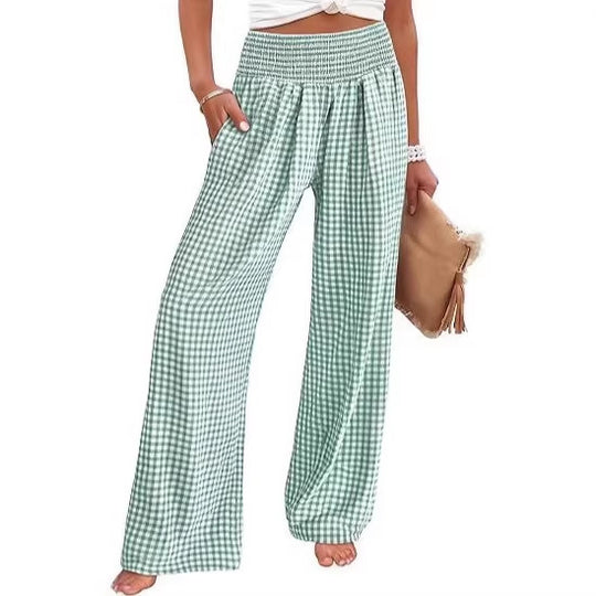 Damen Leichte Palazzo‑Hose mit Smokbund, weitem Bein und Karo‑Print Shop Nory