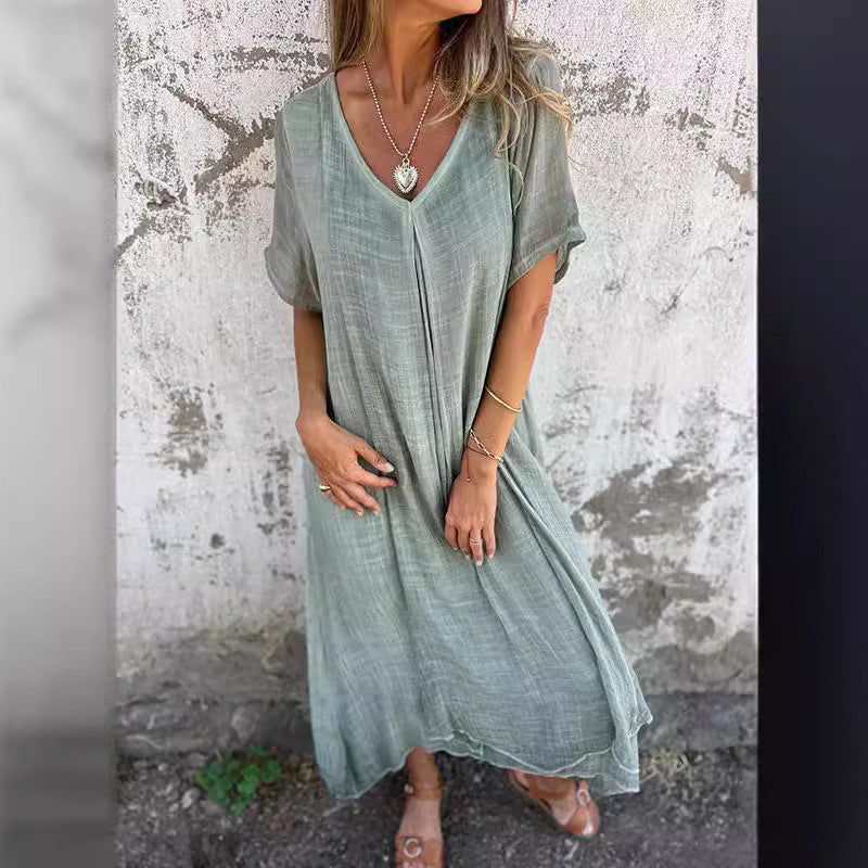 Damen Luftiges Leinenmaxikleid mit V-Ausschnitt und weit schwingendem Saum