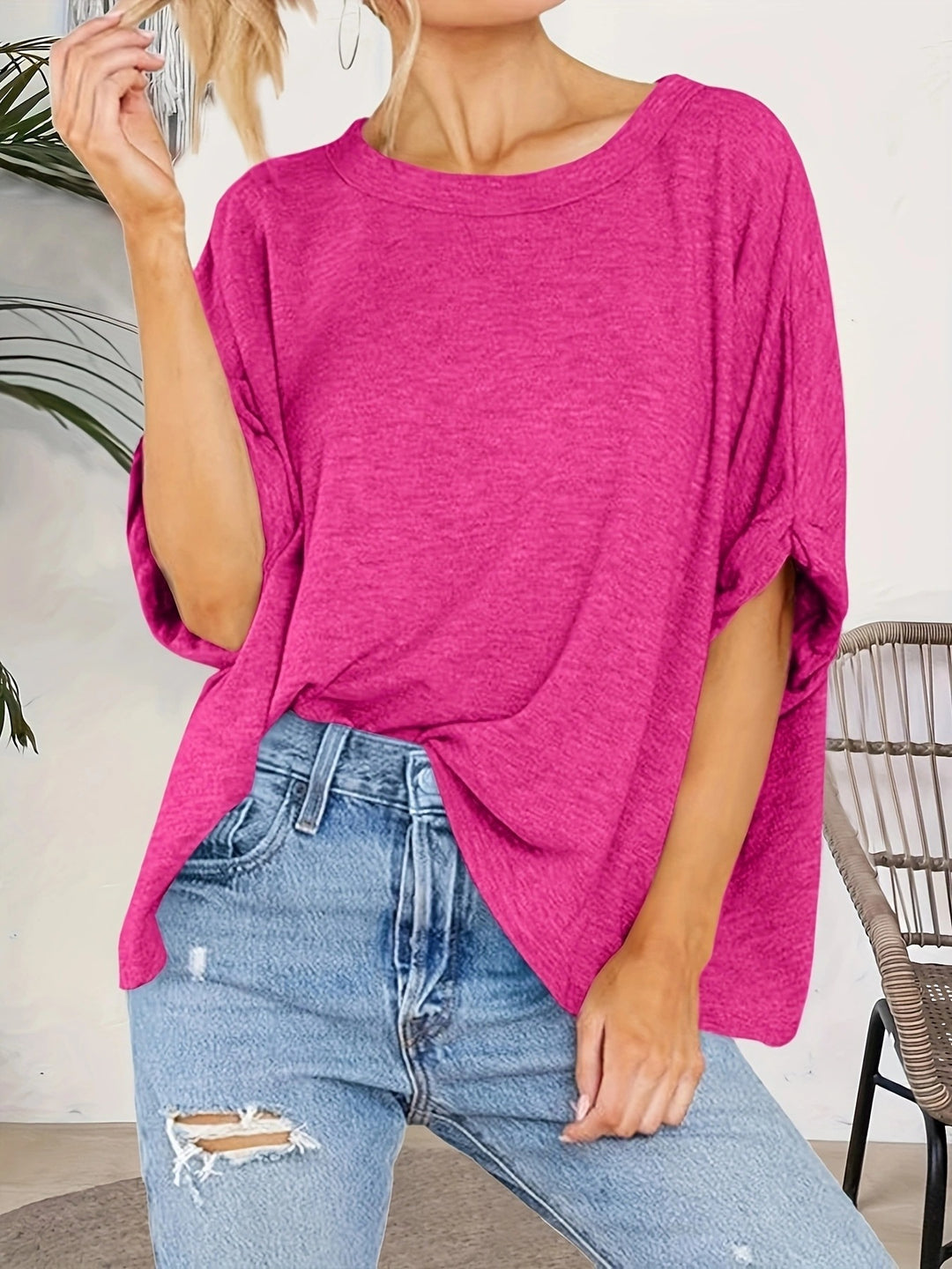 Damen Oversize-Longshirt mit weitem U-Boot-Ausschnitt und geknoteten Dreiviertelärmeln Shop Nory