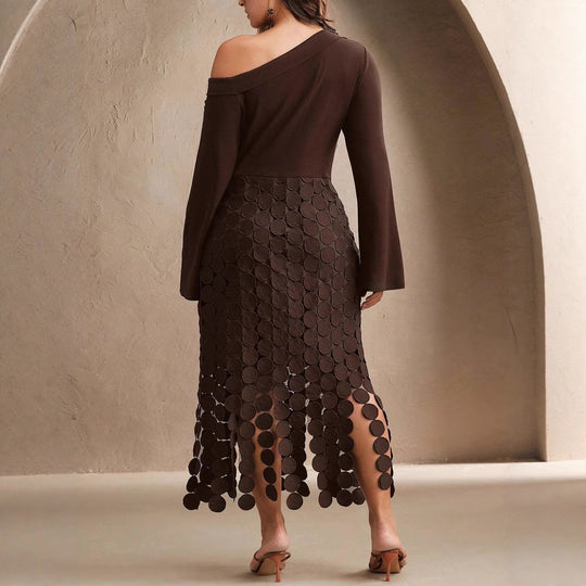 Damen Asymmetrisches Midikleid mit Ein-Schulter-Oberteil und Kreisapplikationsrock Shop Nory
