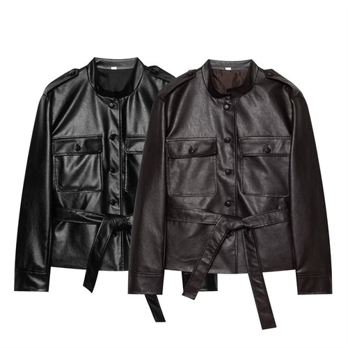 Damen Taillierter Kunstleder-Safari-Blouson mit Bindegürtel und Pattentaschen Shop Nory