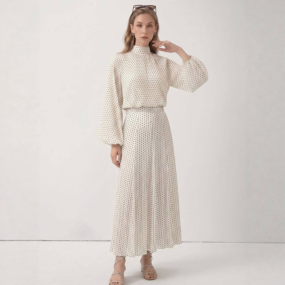 Damen Zweiteiliges Set aus leichtem Chiffon mit weitem Midirock und Ballonärmel-Bluse mit Schleifenkragen Shop Nory