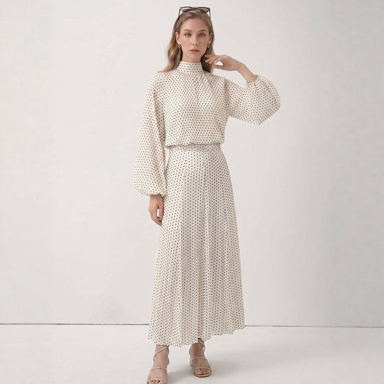 Damen Zweiteiliges Set aus leichtem Chiffon mit weitem Midirock und Ballonärmel-Bluse mit Schleifenkragen Shop Nory