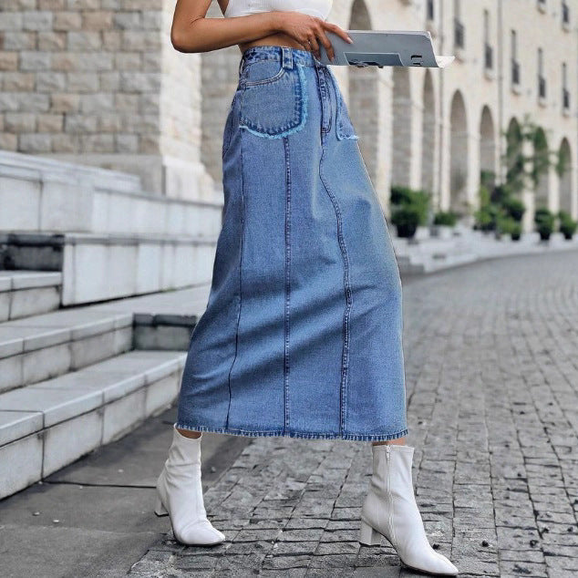 Damen Hochtaillierter Jeans‑Midirock mit vertikalen Nahtpaneelen und aufgesetzten Rundtaschen Shop Nory