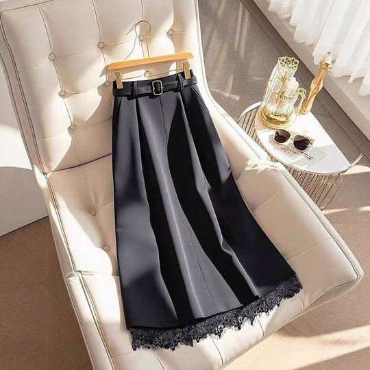 Damen Midirock mit Plisseefalten, hoher Taille, Taillengürtel und Spitzenbesatz Shop Nory