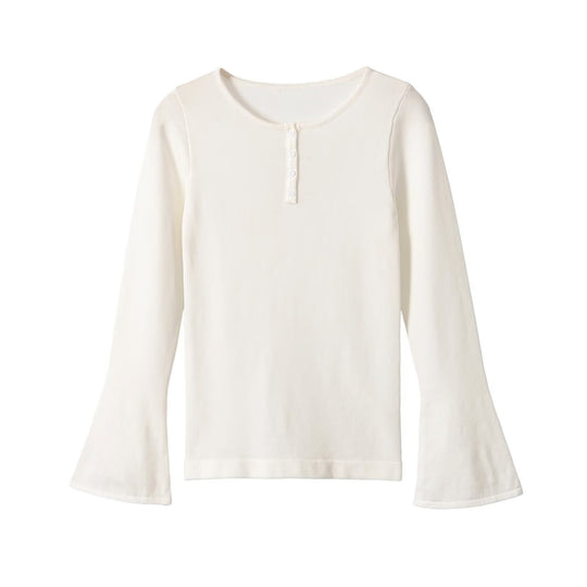 Damen Feinstrick-Longsleeve mit Henley-Knopfleiste und ausgestellten Trompetenärmeln Shop Nory
