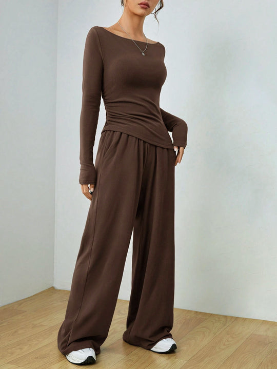 Damen Lässiges Two‑Piece Lounge‑Set mit U‑Boot‑Ausschnitt, taillierter Drapierung und weitem Palazzohose Shop Nory