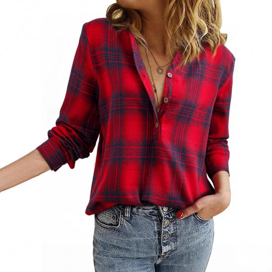 Damen Karo-Bluse im Oversize-Look mit V-Ausschnitt Knopfleiste und gerundetem Saum Shop Nory