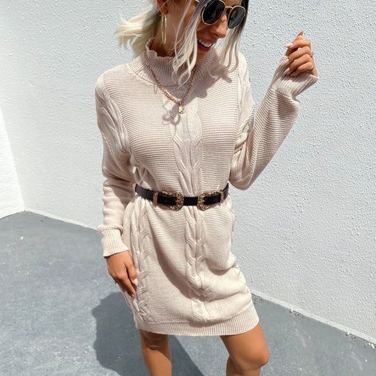 Damen kaschierendes Strickkleid mit Zopfmuster und Stehkragen Shop Nory