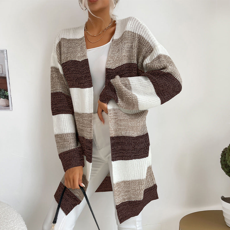 Damen Langer Oversize-Strickcardigan mit Blockstreifen und offener Front Shop Nory