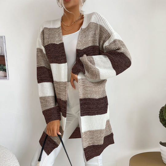 Damen Langer Oversize-Strickcardigan mit Blockstreifen und offener Front Shop Nory