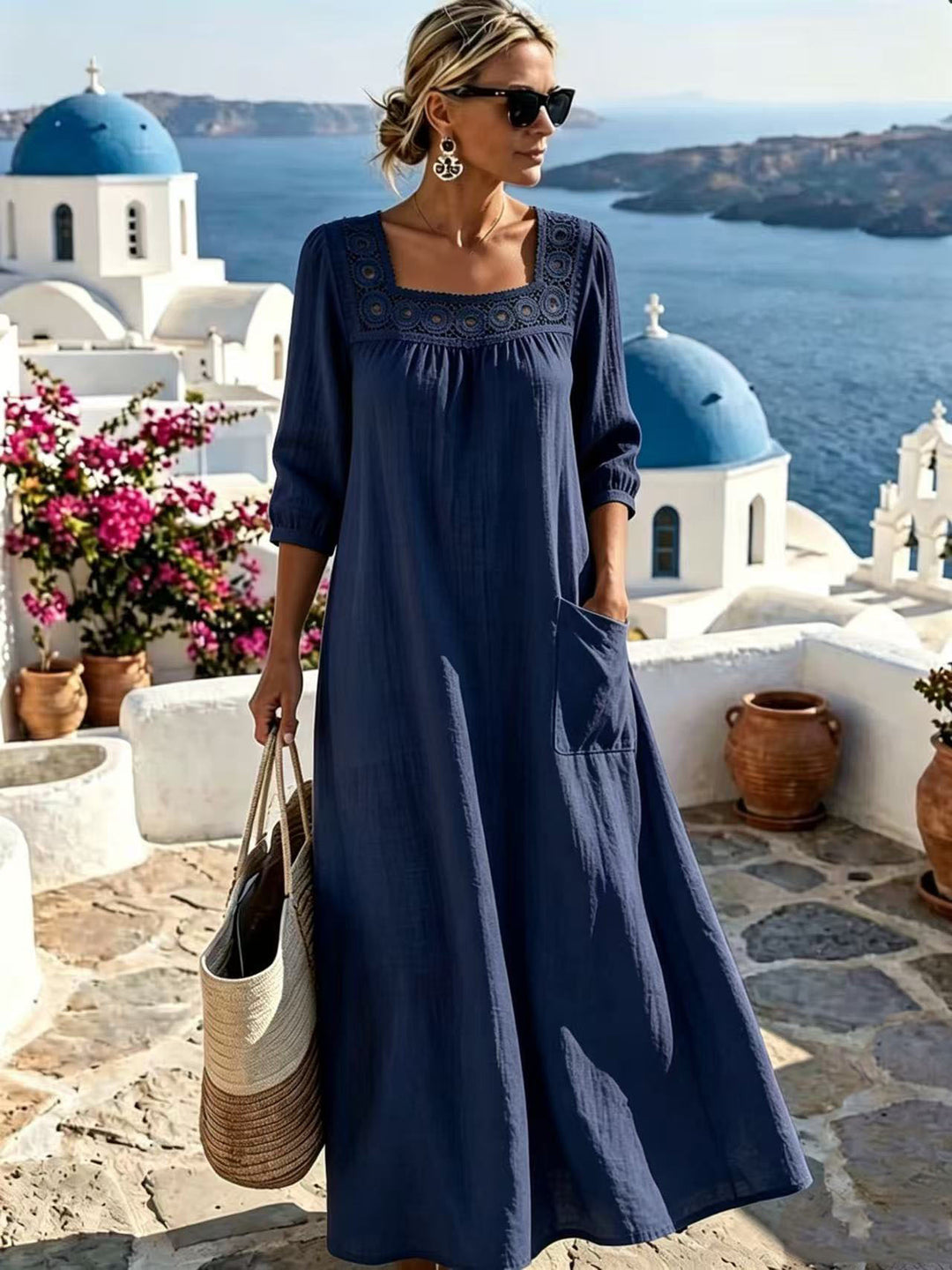 Damen Maxikleid mit gehäkeltem Quadrat-Ausschnitt, dreiviertel Ärmeln und Eingrifftasche Shop Nory