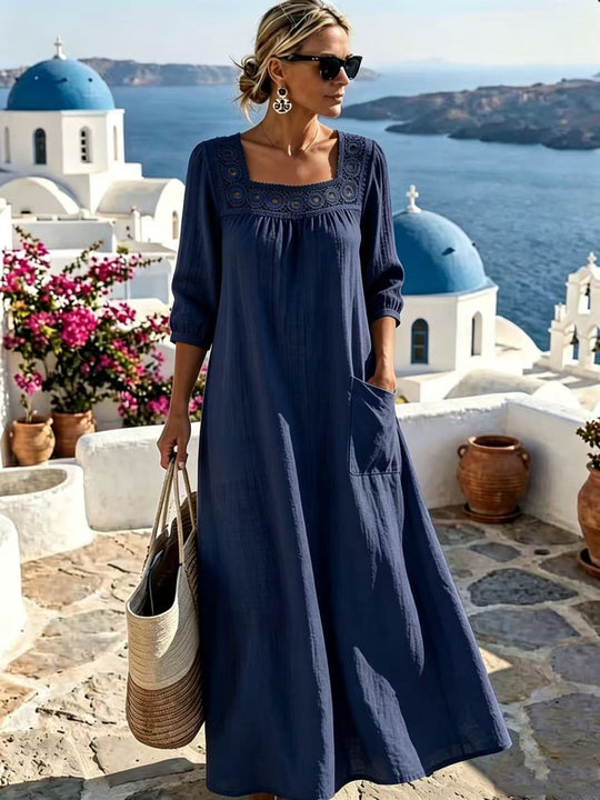 Damen Maxikleid mit gehäkeltem Quadrat-Ausschnitt, dreiviertel Ärmeln und Eingrifftasche Shop Nory