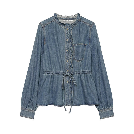 Damen taillierte Blusenjacke in Jeansoptik mit Rüschenkragen und Tunnelzug Shop Nory