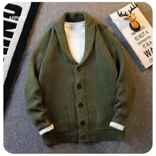 Herren Schalkragen-Cardigan aus grobem Rippstrick mit Taschen & Knopfleiste Shop Nory