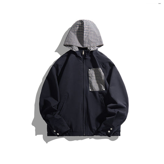 Unisex Leichte Kapuzen-Übergangsjacke mit Karopatch-Brusttasche und elastischem Saum Shop Nory
