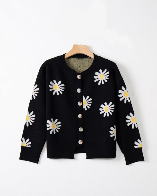 Damen Oversize-Strickcardigan mit Blumenapplikation, Perlmuttknöpfen und Wellensaum Shop Nory