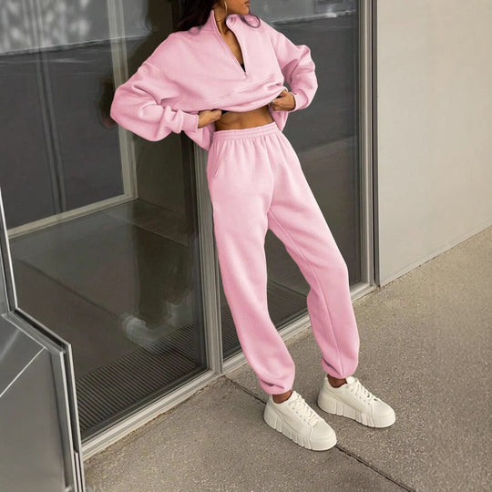 Damen Oversize Sweat-Set mit halbem Reißverschluss, Stehkragen und lässiger Jogginghose Shop Nory