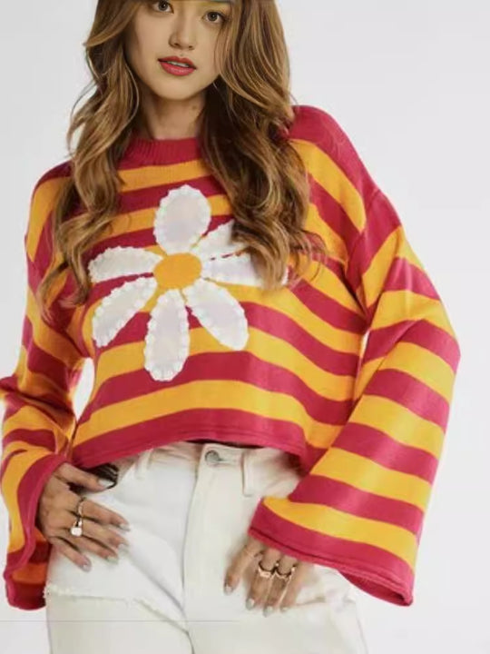 Damen Modischer gestreifter Crop-Pullover mit Blumenmuster