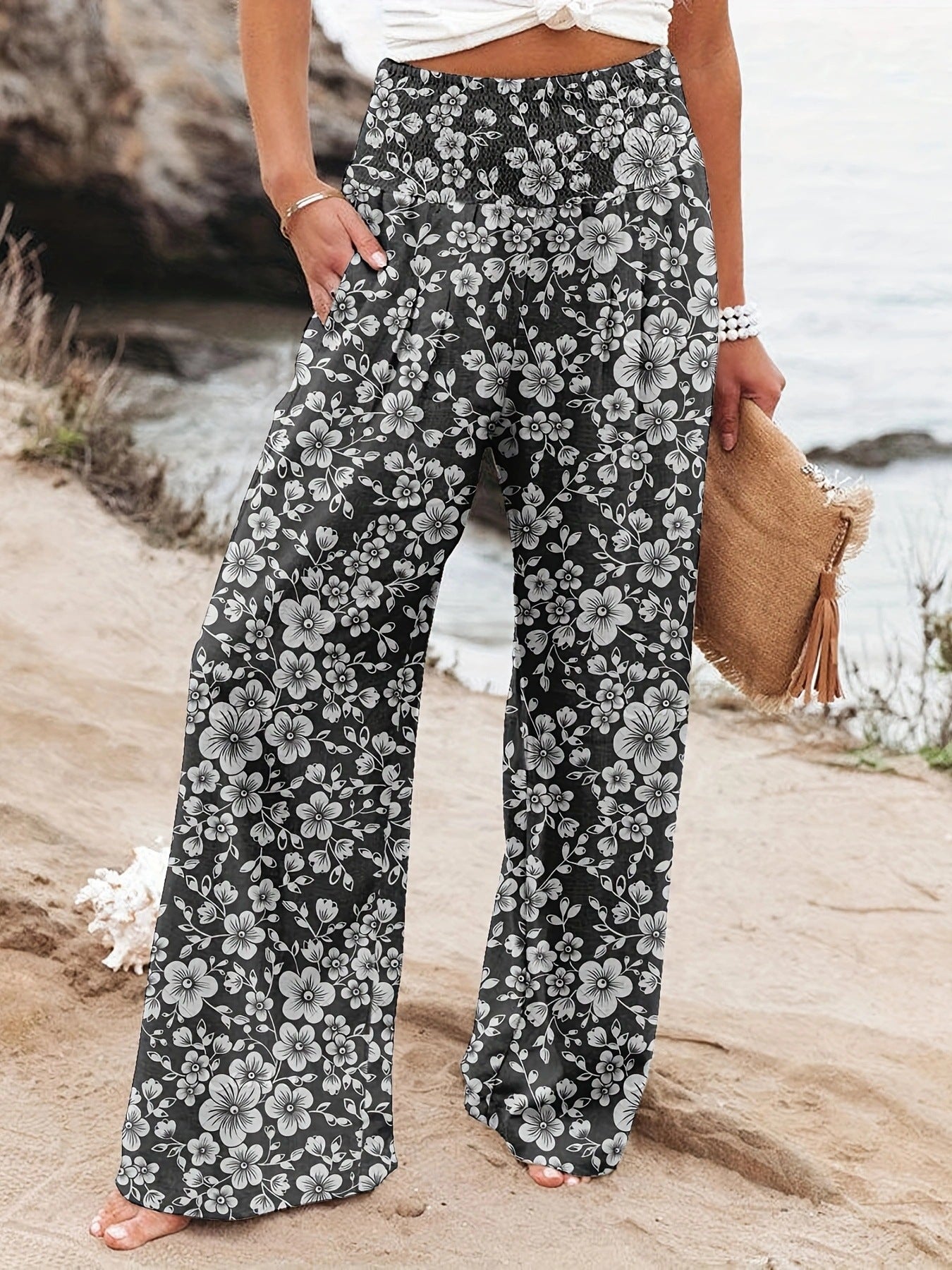 Damen Weit geschnittene Strandhose mit floralem Motiven und elastischem Bund