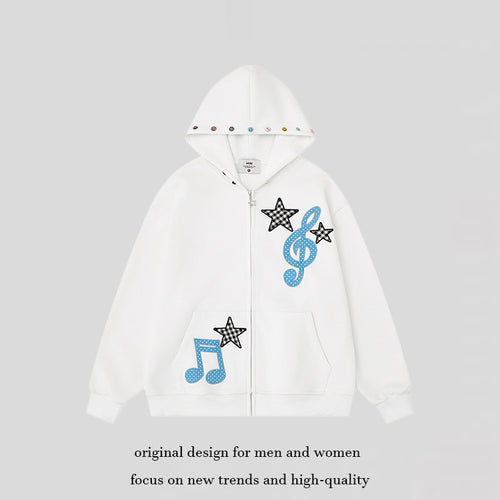 Damen Kapuzen‑Sweatjacke mit kreativen Musik‑Applikationen, Karo‑Sternen und Zipper‑Charm Shop Nory