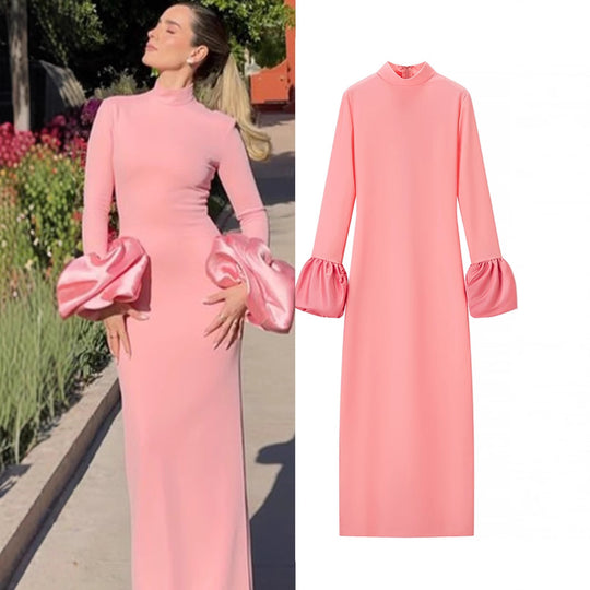 Damen Maxikleid mit Stehkragen und gerafften Volantärmeln Shop Nory