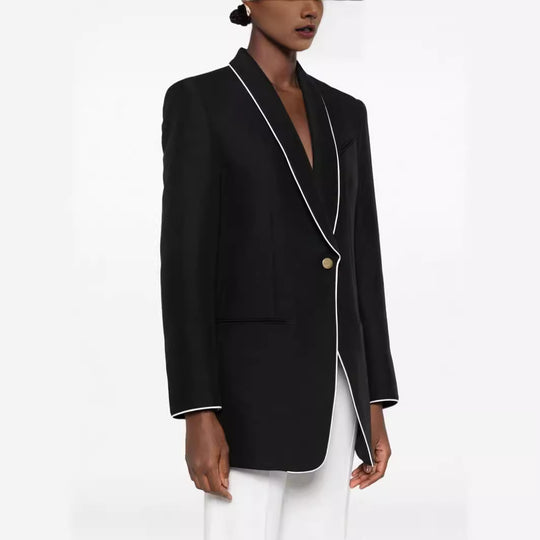 Damen Oversize-Blazer im Smokingstil mit kontrastierender Paspelierung und Ein-Knopf-Front Shop Nory