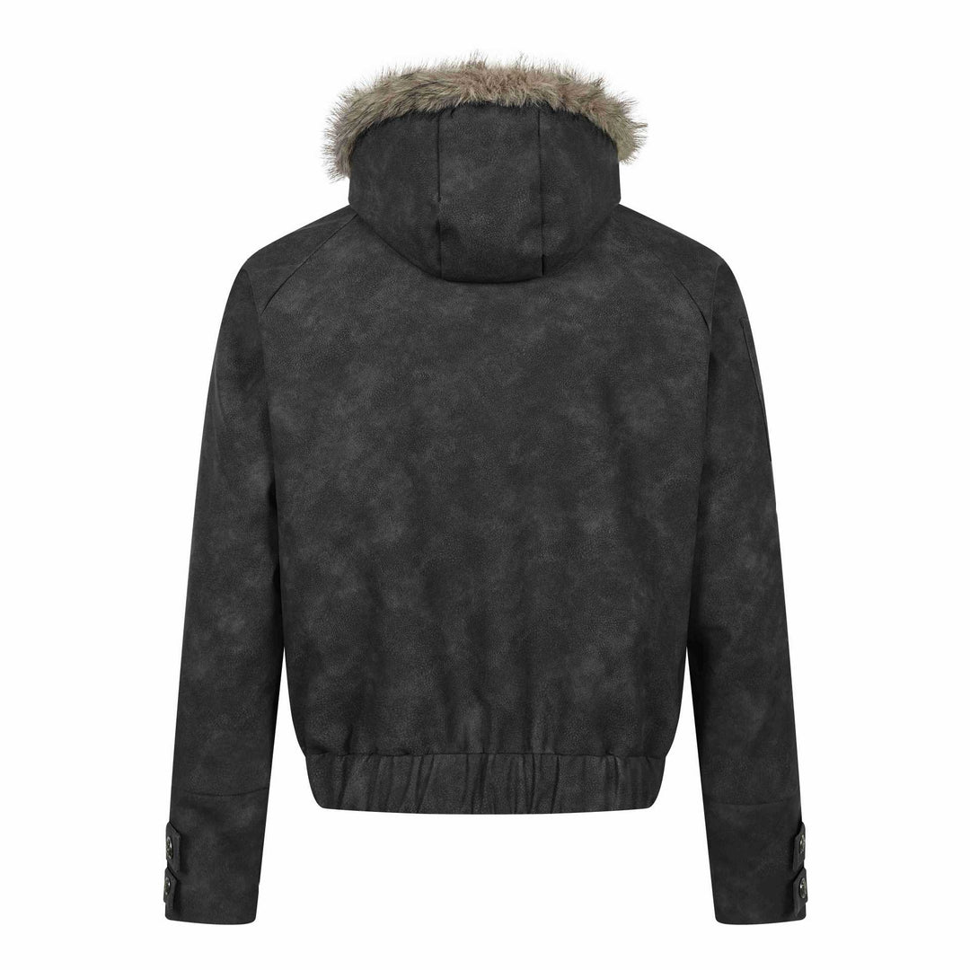 Herren Kurz geschnittener Suede‑Look Bomber mit Kapuze, Kunstfellbesatz und Statement‑Print Shop Nory