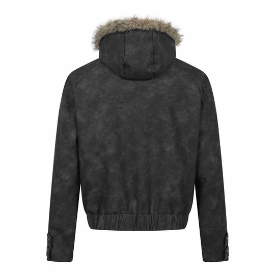 Herren Kurz geschnittener Suede‑Look Bomber mit Kapuze, Kunstfellbesatz und Statement‑Print Shop Nory